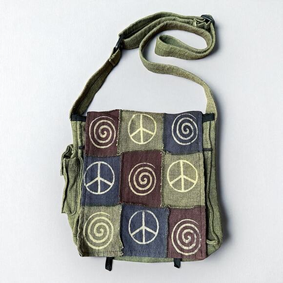Vintage Kathmandu Imports Peace Patchwork Hippie Crossbody Bag, 11x11, Khaki - Picture 1 of 11